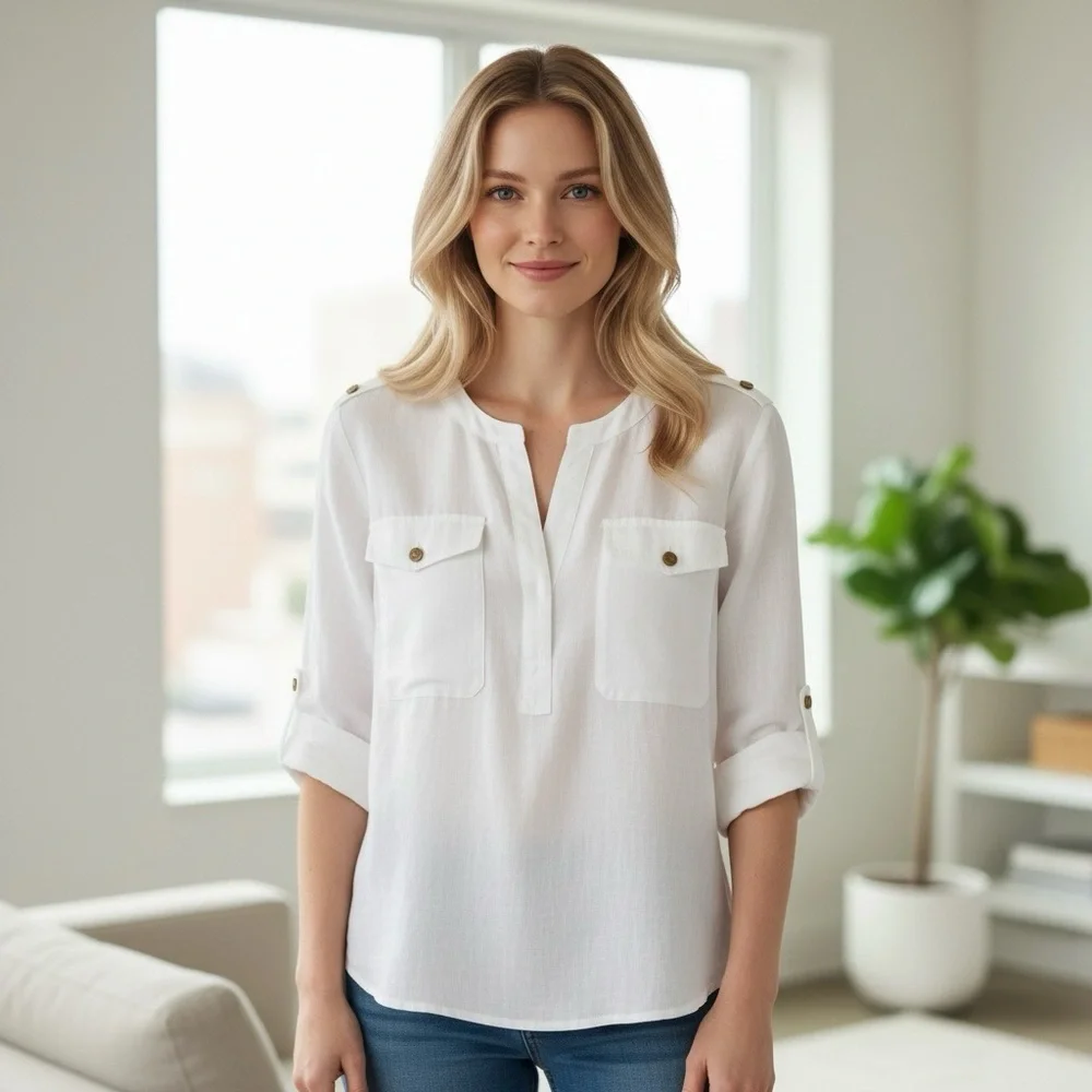 Tory Burch Linen Roll‎ Tab White Blouse Tunic Top Resortwear Spring Summer